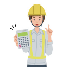 立って電卓を指差してこちらに向けて見せている工事現場の女性