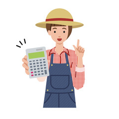 立って電卓を指差してこちらに向けて見せている農家の女性