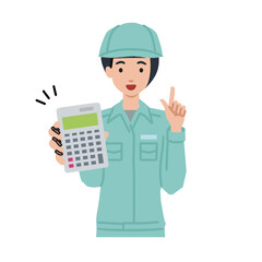 立って電卓を指差してこちらに向けて見せている作業員の女性