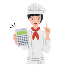立って電卓を指差してこちらに向けて見せている調理師の女性