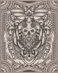 Fototapeta na wymiar Illustration of viking skull head with vintage engraving ornament in back perfect for your business and Merchandise