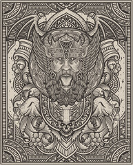 Illustration of angry viking head with vintage engraving ornament in back perfect for your business and Merchandise