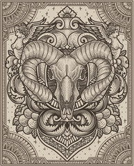 Ram's skull head with antique engraving ornament style good for your merchandise dan T shirt