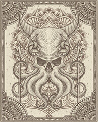 illustration demon octopus with two trident antique engraving ornament style good for your merchandise dan T shirt - obrazy, fototapety, plakaty