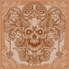 Illustration of demon skull head with vintage engraving ornament in back perfect for your business and Merchandise