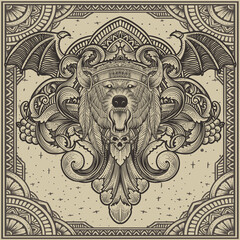 Illustration of tribal bear head with vintage engraving ornament in back perfect for your business and Merchandise