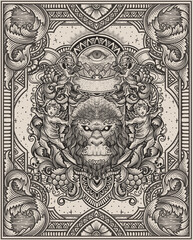 Illustration vector antique gorilla head with vintage engraving ornament in back perfect for your merchandise and T shirt © Bayu