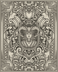 Fototapeta na wymiar Vector illustration. beautiful demon girl with vintage engraving ornament style perfect for your business and T shirt merchandise