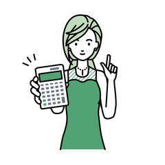 立って電卓を持ってこちらに向けて見せているドレスの女性