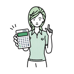 立って電卓を持ってこちらに向けて見せているポロシャツの女性