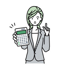 立って電卓を持ってこちらに向けて見せているスーツの女性