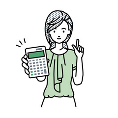 立って電卓を持ってこちらに向けて見せているオフィスカジュアルの女性