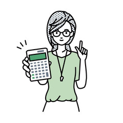 立って電卓を持ってこちらに向けて見せている教師の女性