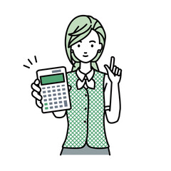 立って電卓を持ってこちらに向けて見せている事務員制服の女性