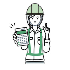 立って電卓を持ってこちらに向けて見せている工事現場の女性