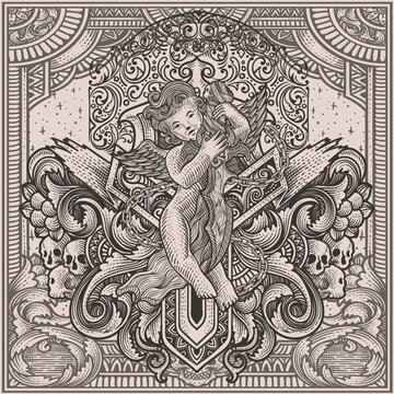 illustration cupid angel holding knife with vintage engraving ornament on the back perfect for your business and merchandise