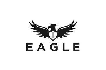 Eagle bird flapping wings logo design shield shape security defense icon symbol