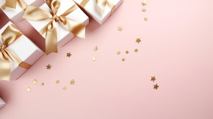 Fototapeta na wymiar Elegant pink, white and gold gift backgrounds. Backgrounds of beautiful Christmas gifts. 