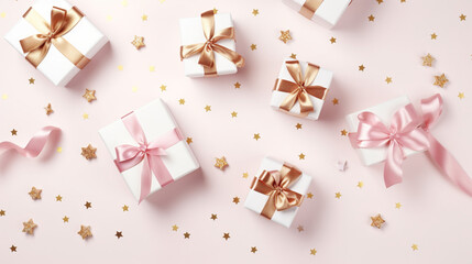 Fototapeta na wymiar Elegant pink, white and gold gift backgrounds. Backgrounds of beautiful Christmas gifts. 