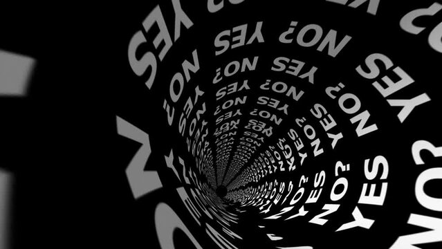 Yes, no and loop illustration on black background for decision, opinion and choice in row. Question, answer and letters, words and spiral pattern for communication, response and vote or voice