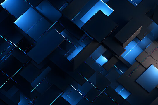 abstract background with squares 3D black and blue background with beautiful geometric blue light design, AI generate
