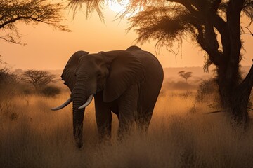 Naklejka na ściany i meble Majestic elephant on the African savannah under golden sunset., generative IA