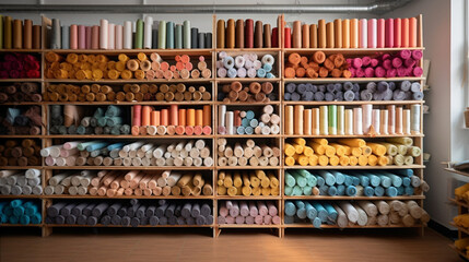 Fabrics and fabric rolls organized on shelves. Workshop and shop for fashion designers, dressmakers, pattern makers and tailors. Cloth store. Shelves and walls full of organized fabrics.