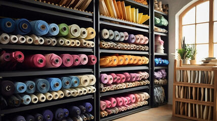 Obraz premium Fabrics and fabric rolls organized on shelves. Workshop and shop for fashion designers, dressmakers, pattern makers and tailors. Cloth store. Shelves and walls full of organized fabrics.
