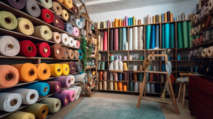 Fabrics and fabric rolls organized on shelves. Workshop and shop for fashion designers, dressmakers, pattern makers and tailors. Cloth store. Shelves and walls full of organized fabrics.