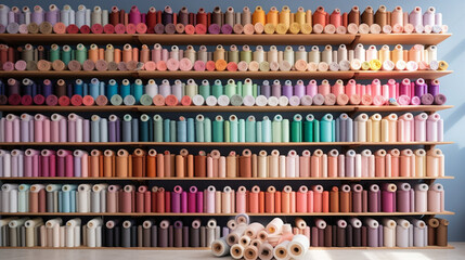 Fabrics and fabric rolls organized on shelves. Workshop and shop for fashion designers, dressmakers, pattern makers and tailors. Cloth store. Shelves and walls full of organized fabrics.