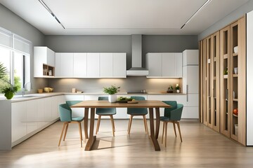 Interior design or bright white modern kitchen, fresh vegetables fruit wooden table, empty renovated furnished studio or flat apartment for rent, mortgage, real estate, renovation services concept.