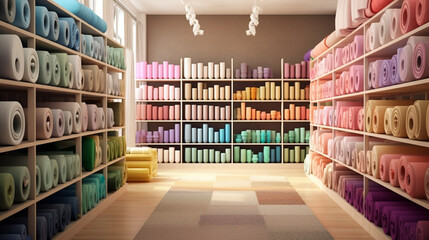 Obraz premium Fabrics and fabric rolls organized on shelves. Workshop and shop for fashion designers, dressmakers, pattern makers and tailors. Cloth store. Shelves and walls full of organized fabrics.