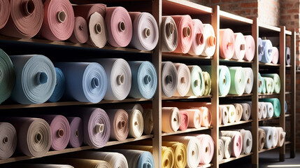 Fototapeta premium Fabrics and fabric rolls organized on shelves. Workshop and shop for fashion designers, dressmakers, pattern makers and tailors. Cloth store. Shelves and walls full of organized fabrics.