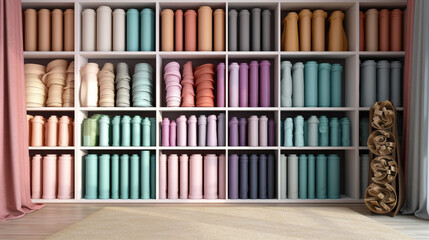 Fabrics and fabric rolls organized on shelves. Workshop and shop for fashion designers, dressmakers, pattern makers and tailors. Cloth store. Shelves and walls full of organized fabrics.