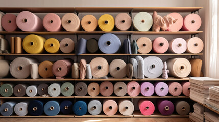 Fototapeta premium Fabrics and fabric rolls organized on shelves. Workshop and shop for fashion designers, dressmakers, pattern makers and tailors. Cloth store. Shelves and walls full of organized fabrics.