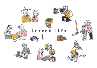 高齢者たちの娯楽、楽しいセカンドライフのイラストセット