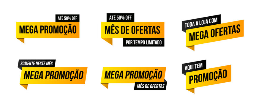 Cole&ccedil;&atilde;o de etiquetas de venda. Mega Promo&ccedil;&atilde;o, m&ecirc;s de oferta, aqui tem promo&ccedil;&atilde;o. Etiquetas de promo&ccedil;&atilde;o para lojas.
