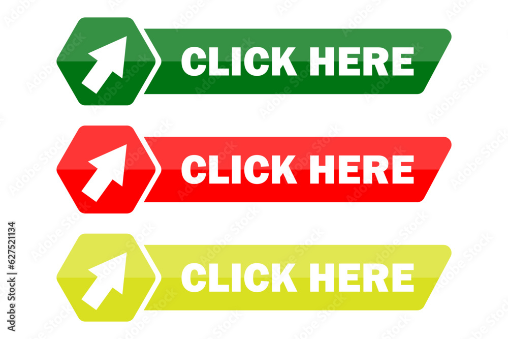 Poster click here button with arrow pointer clicking icon. vector illustration. eps 10.