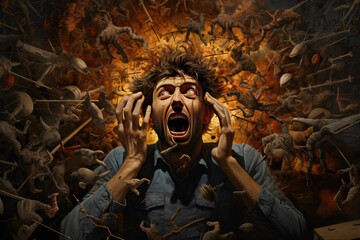 Fototapeta premium An illustration of a schizophrenic person. The chaos of schizophrenia. a visual representation of the disordered thoughts and perceptions characteristic of schizophrenia