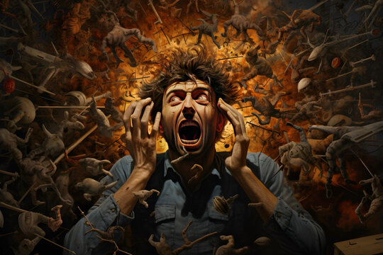 An illustration of a schizophrenic person. The chaos of schizophrenia. a visual representation of the disordered thoughts and perceptions characteristic of schizophrenia