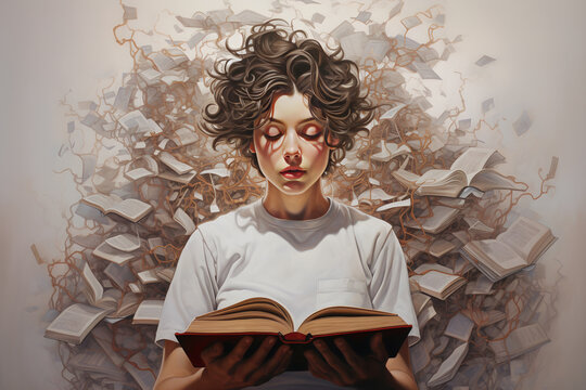 person reading a book.  her head is surrounded by a mess.  overthinking. 