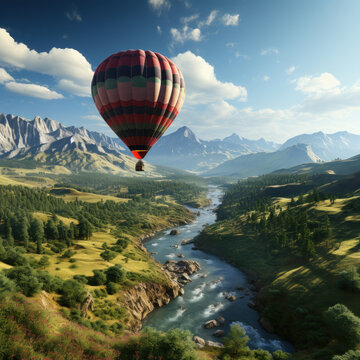 realistic image of a hot air balloon floating
