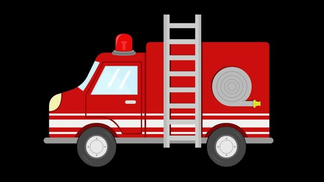 video animation of a cartoon fire truck. On a transparent background with zero alpha channel