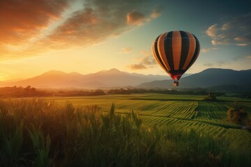 Obraz premium Colorful balloon floating over picturesque landscape at sunset., generative IA