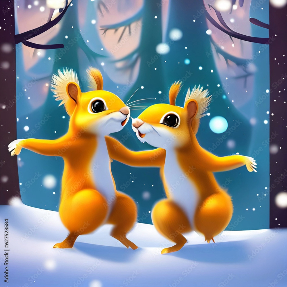 Wall mural cute adorable two baby squirrels dancing in the snow in the forest rendered in the style of animated