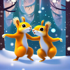 Obraz na płótnie Canvas cute adorable two baby squirrels dancing in the snow in the forest rendered in the style of animated