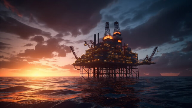 
Aerial view offshore drilling rig (jack-up rig), flatform oil and gas, Sunset view with the silhouette of  oil rig
Concept of exploration and petroleum production industry in the sea, Generative AI 
