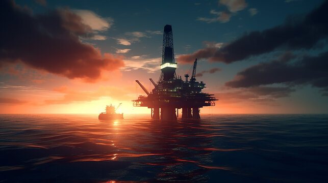 
Aerial view offshore drilling rig (jack-up rig), flatform oil and gas, Sunset view with the silhouette of  oil rig
Concept of exploration and petroleum production industry in the sea, Generative AI 