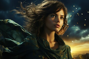 Ethereal portrait of a beautiful fictional young woman with colorful multicolored background. Generative AI digital illustration.