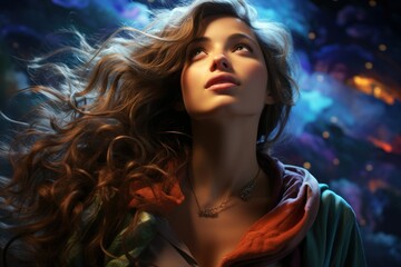 Fototapeta premium Ethereal portrait of a beautiful fictional young woman with colorful multicolored background. Generative AI digital illustration.